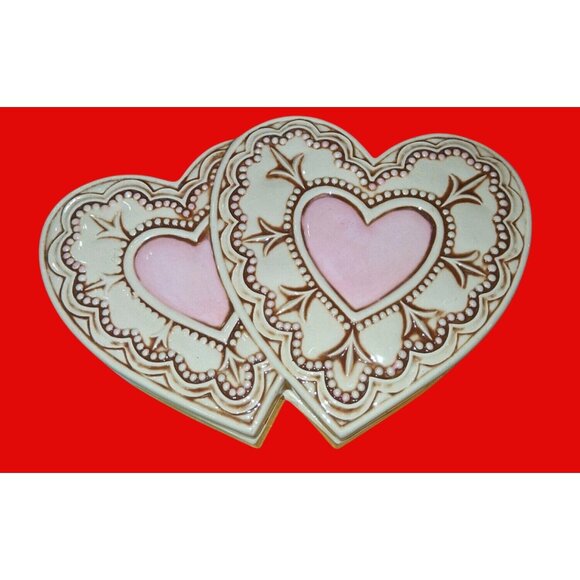Vintage Heart-Shaped Ceramic Trinket Box With Pink  Beige Design - Picture 1 of 8